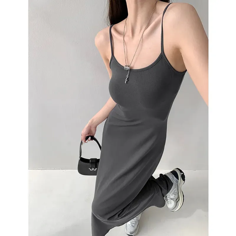 Women's Grey Dress Spaghetti Straps Sleeveless Sexy Fashion Simple Temperament Long Dresses