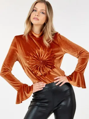 WOMEN'S LONG BELL SLEEVE MOCK NECK FRONT DETAILED VELVET BLOUSE