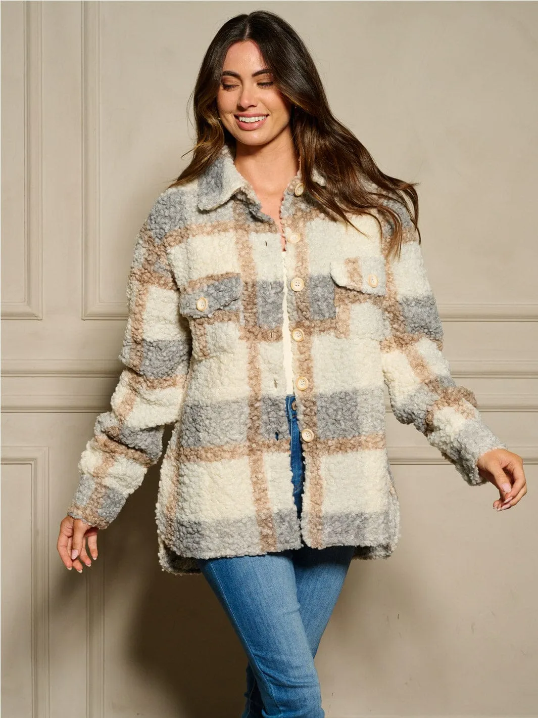 WOMEN'S LONG SLEEVE BUTTON CLOSURE FRONT POCKETS PLAID JACKET
