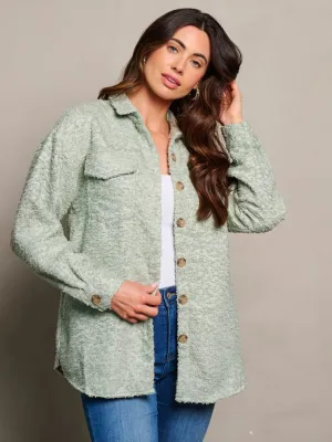 WOMEN'S LONG SLEEVE BUTTON CLOSURE POCKETS FUZZY DETAILED JACKET