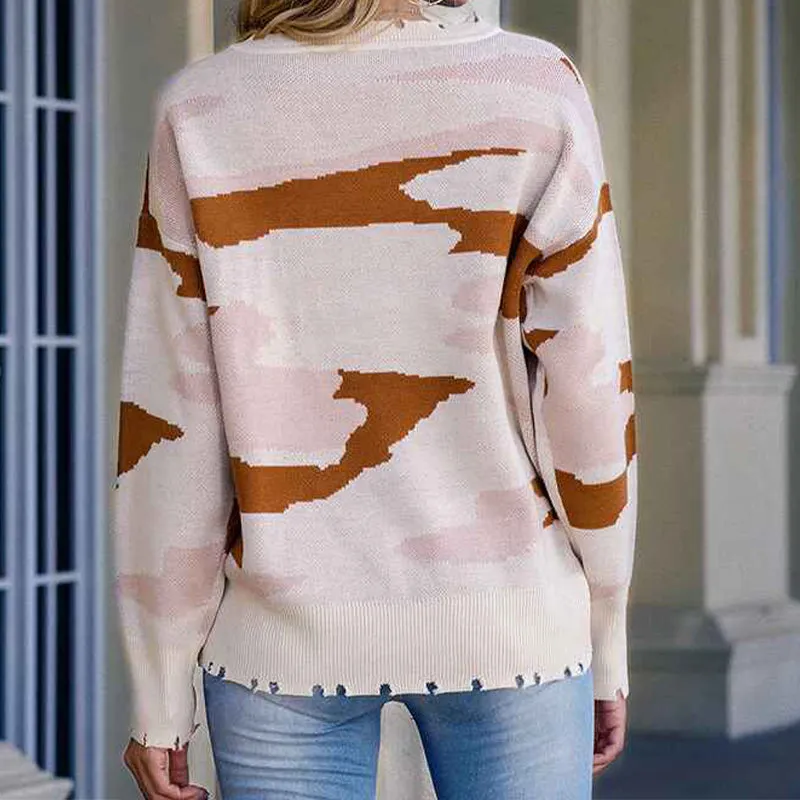 Women's Long Sleeve Round Neck Printed Tunic Sweater K305