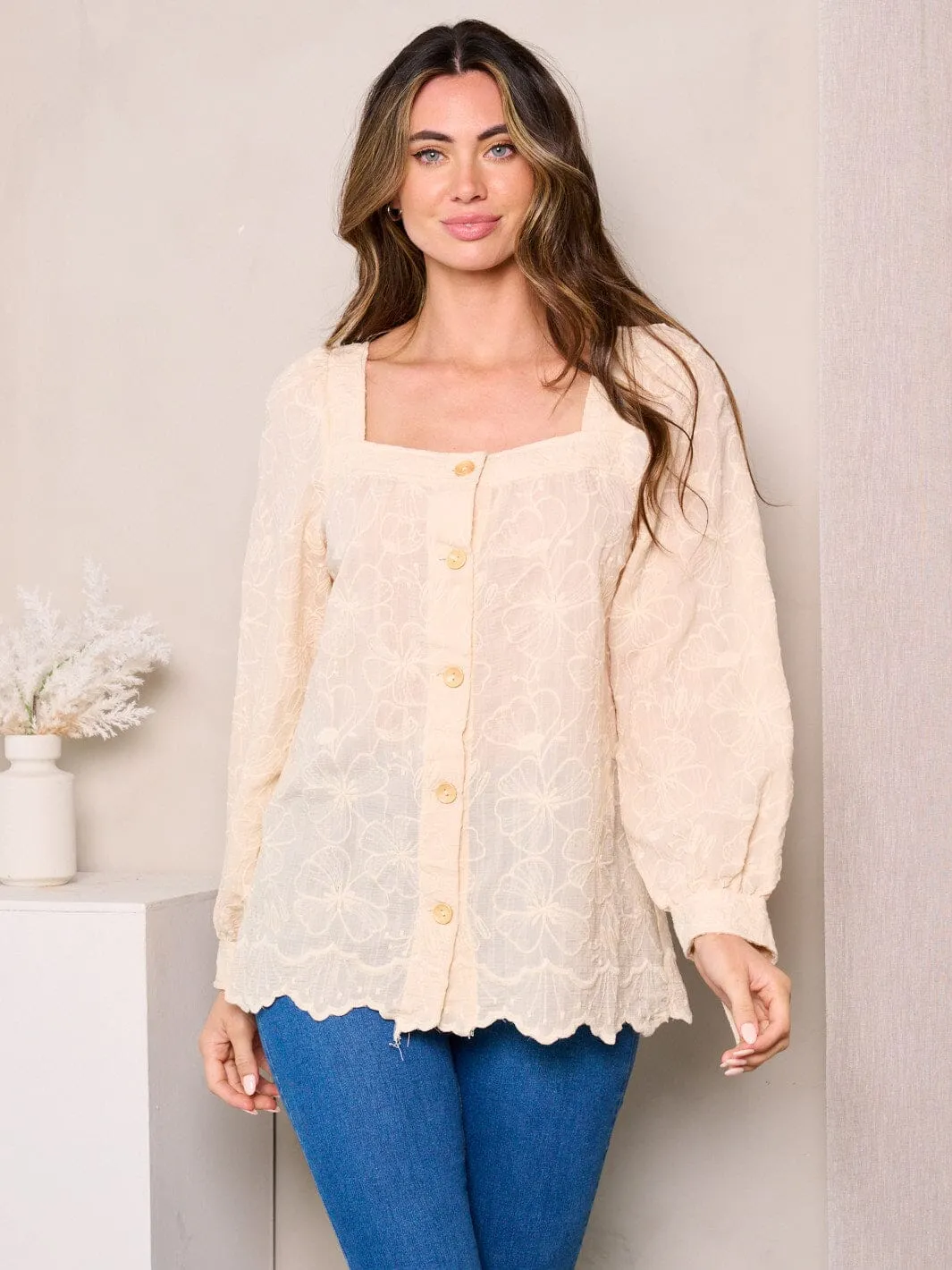 WOMEN'S LONG SLEEVES FLORAL DETAILED BLOUSE TOP