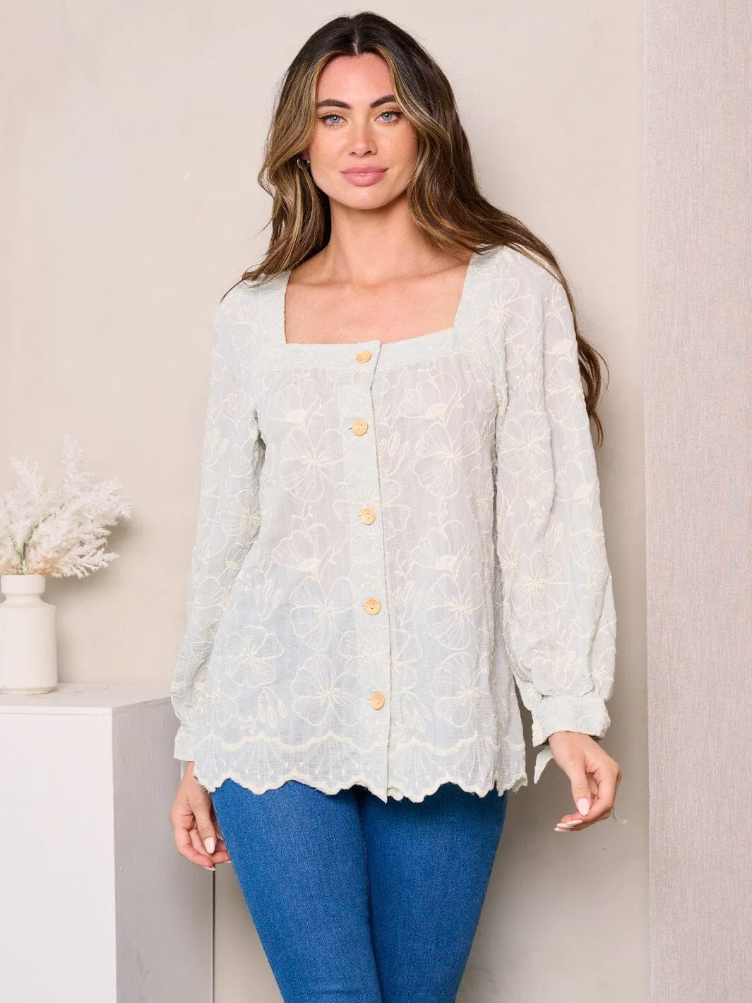 WOMEN'S LONG SLEEVES FLORAL DETAILED BLOUSE TOP