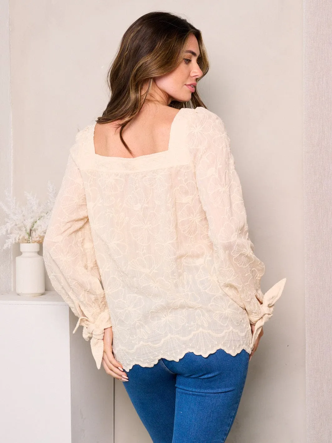 WOMEN'S LONG SLEEVES FLORAL DETAILED BLOUSE TOP
