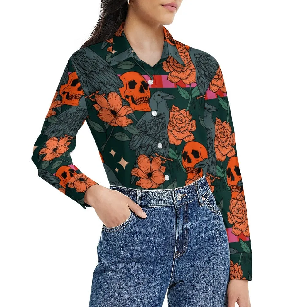 Women's Orange Roses 👩‍🦰️💀👚 Long Sleeved Blouse