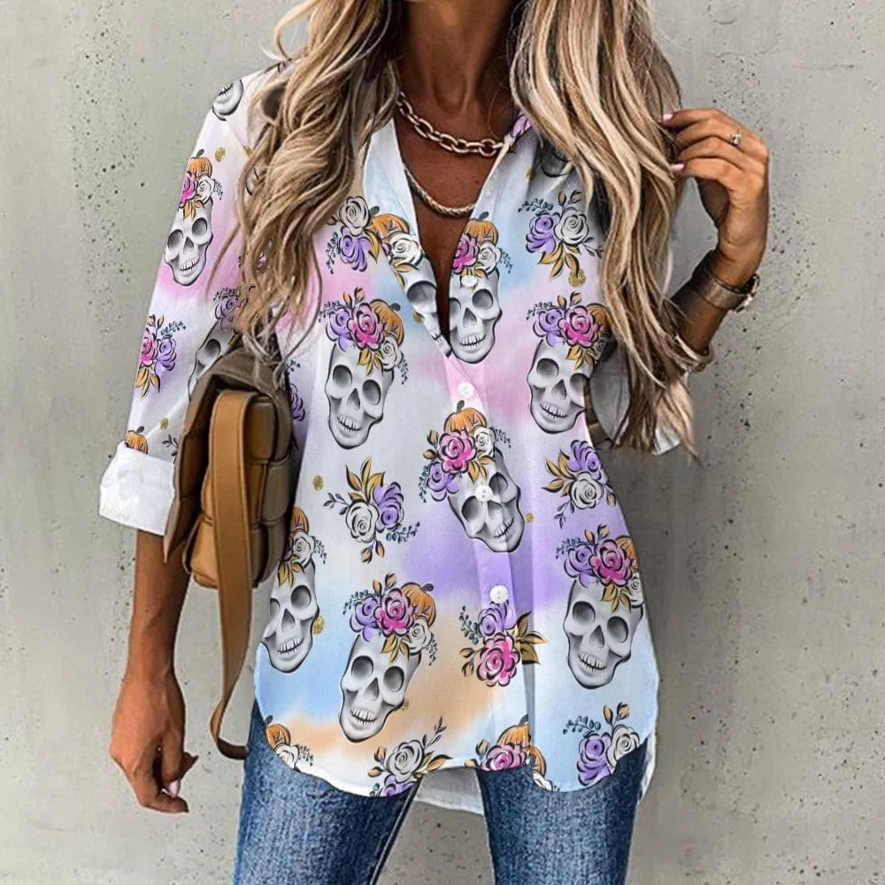 Women's Pastel Skulls Cropped Hem Blouse