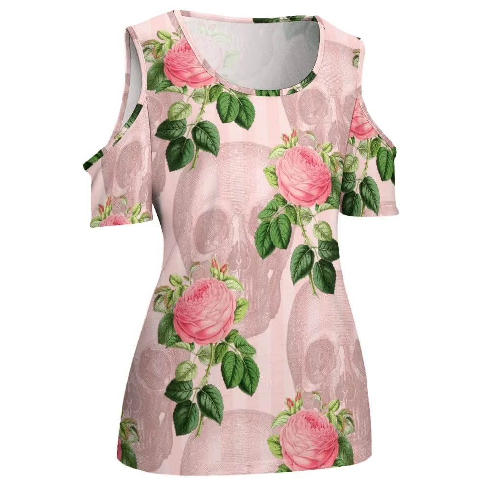 Women's Pink Skull Roses Off Shoulder Blouse