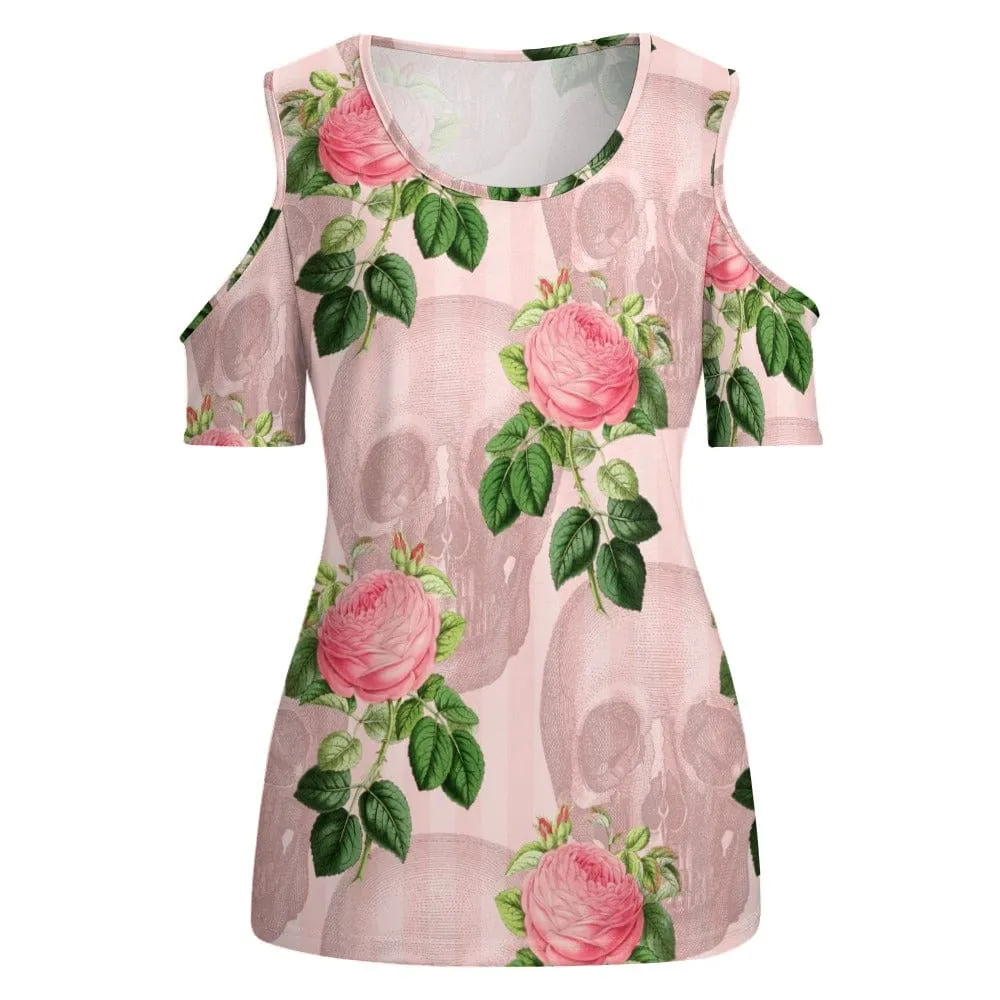 Women's Pink Skull Roses Off Shoulder Blouse