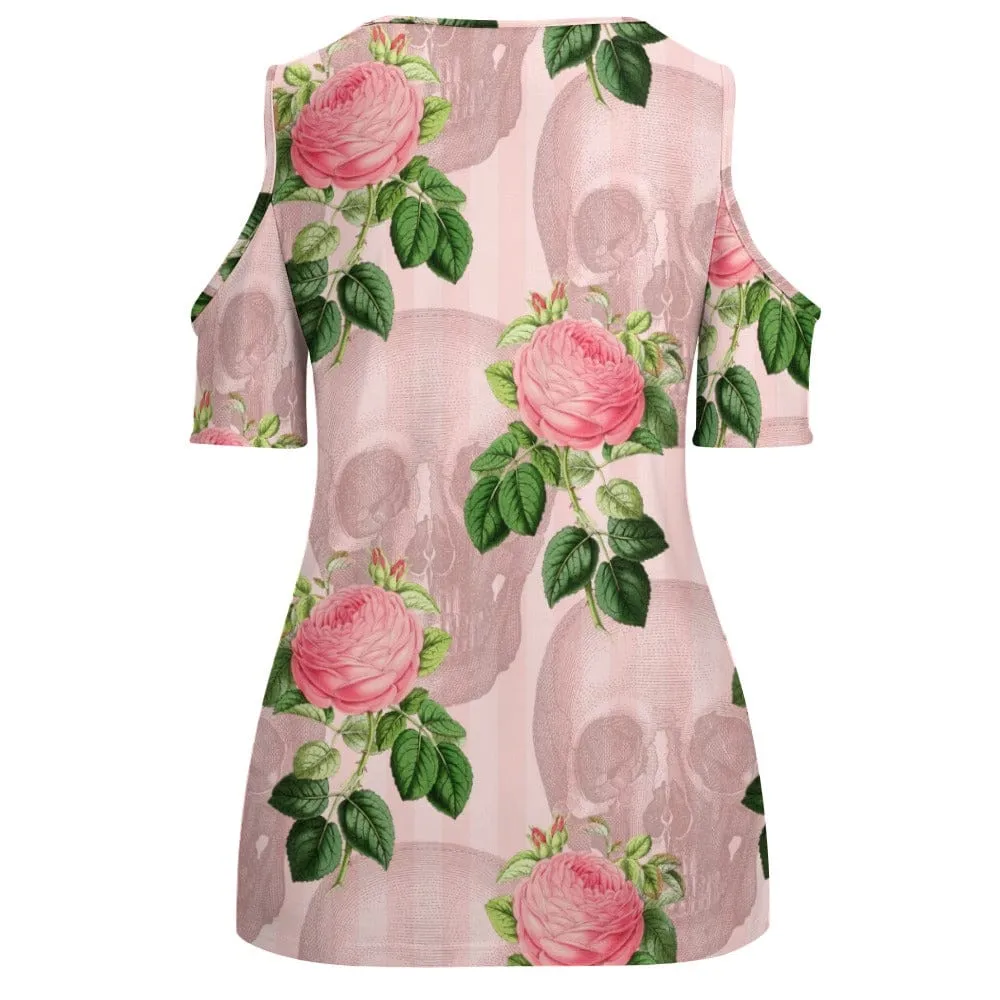 Women's Pink Skull Roses Off Shoulder Blouse