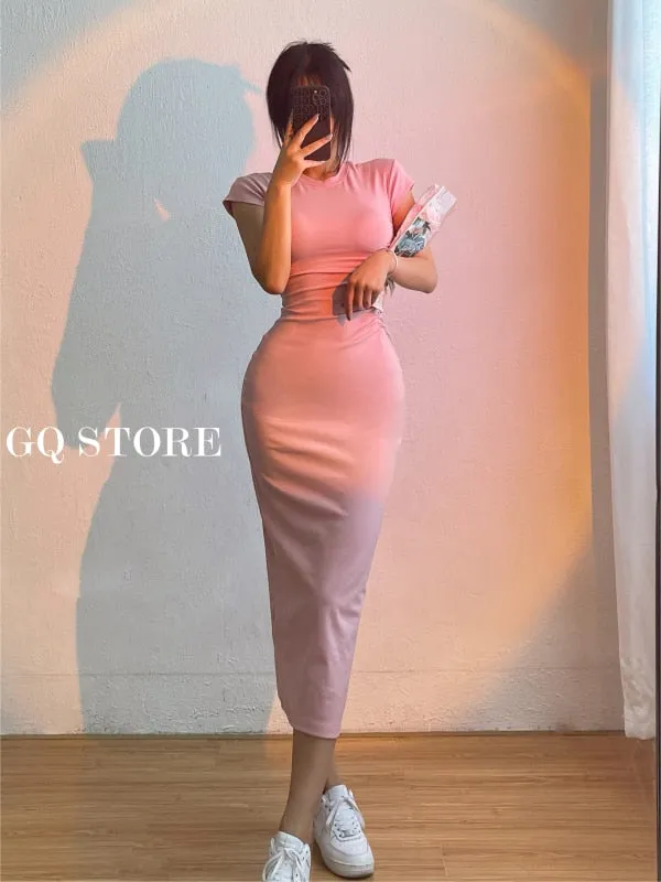 Women's Sexy High Waist Slim Hip Long Dress Short Sleeve Round Neck Dress