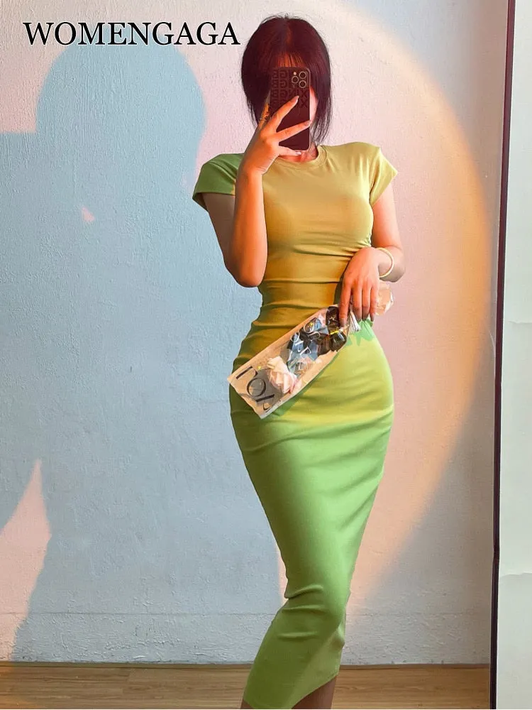 Women's Sexy High Waist Slim Hip Long Dress Short Sleeve Round Neck Dress