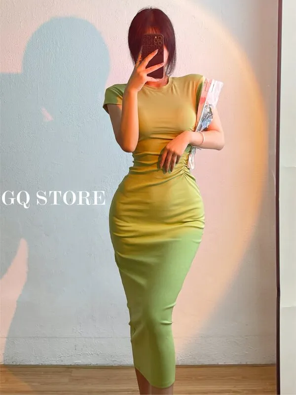 Women's Sexy High Waist Slim Hip Long Dress Short Sleeve Round Neck Dress