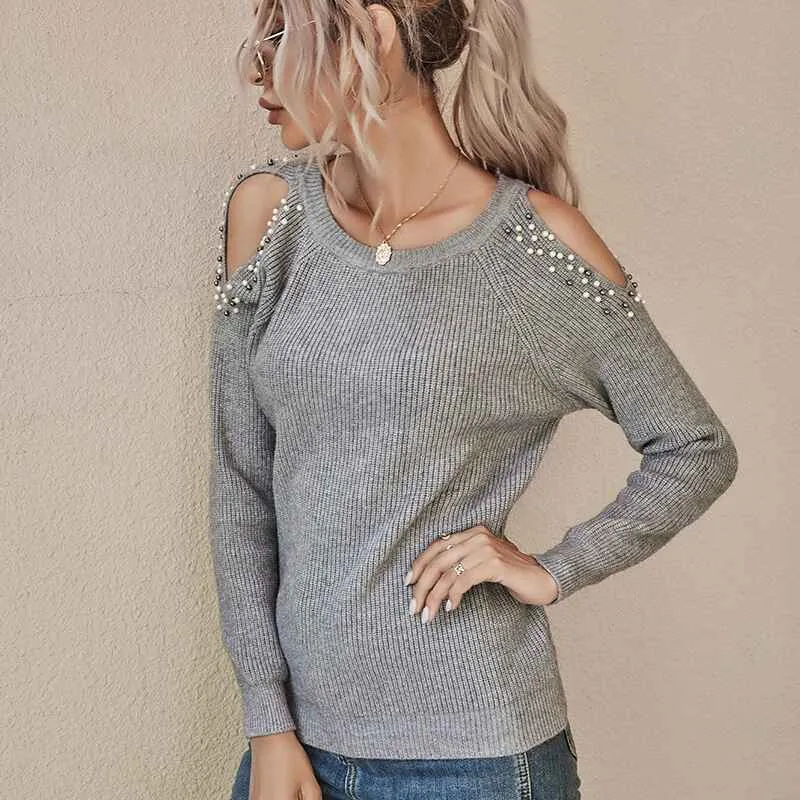 Women's Sexy Off Shoulder Long Sleeve Winter Sweaters Casual Pullover Solid Loose Knit Jumper Fall Tunic Tops K340