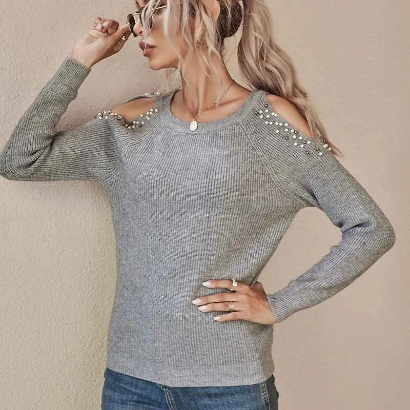 Women's Sexy Off Shoulder Long Sleeve Winter Sweaters Casual Pullover Solid Loose Knit Jumper Fall Tunic Tops K340