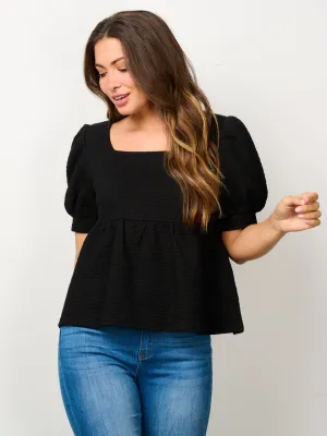 WOMEN'S SHORT PUFF SLEEVE SQUARE NECK BLOUSE TOP