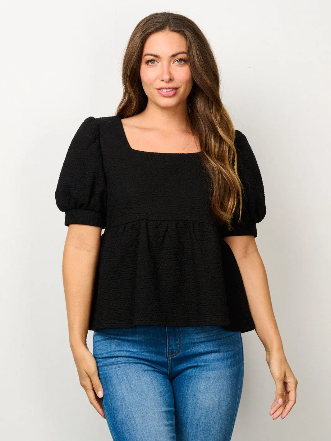 WOMEN'S SHORT PUFF SLEEVE SQUARE NECK BLOUSE TOP
