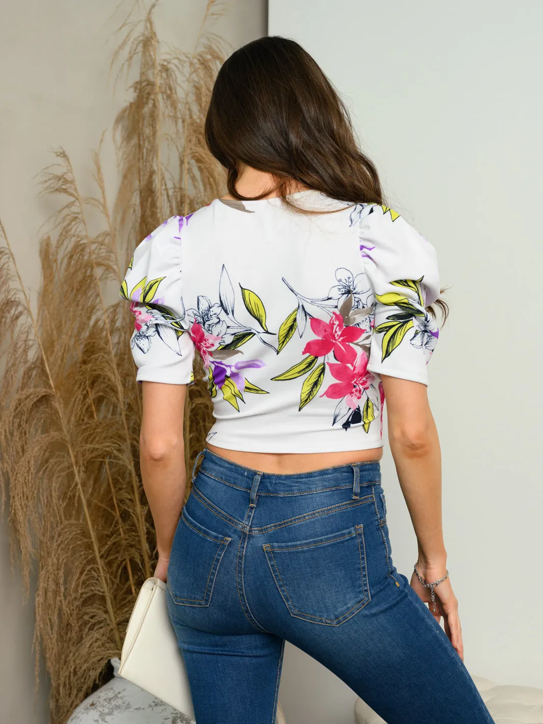 WOMEN'S SHORT PUFF SLEEVE SURPLICE TOP