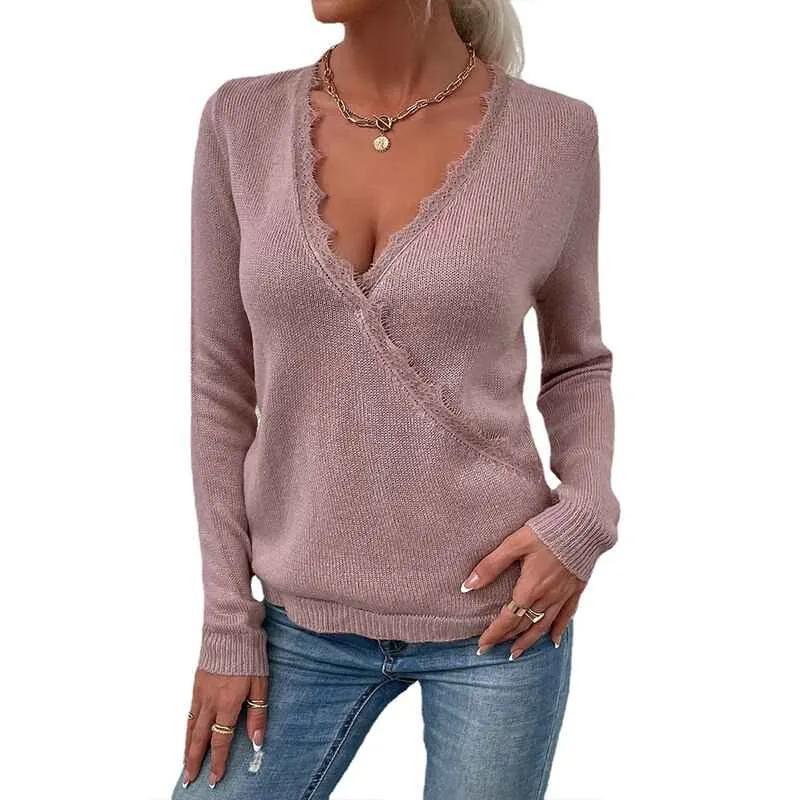 Women's Solid Color Lace Trim Criss Cross Wrap V Neck Long Sleeve Sweater Pullover Top K303