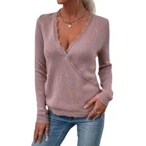 Women's Solid Color Lace Trim Criss Cross Wrap V Neck Long Sleeve Sweater Pullover Top K303