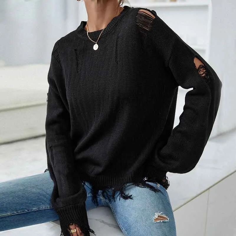 Women's solid color Sweater Ripped Long Sleeve Round Neck Knitwear Pullover Tops K387