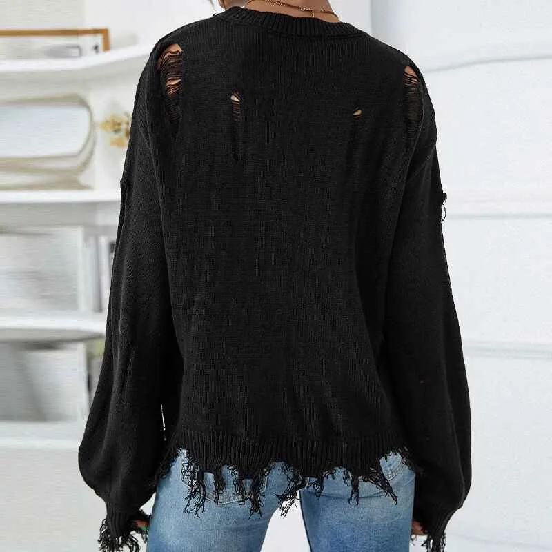 Women's solid color Sweater Ripped Long Sleeve Round Neck Knitwear Pullover Tops K387