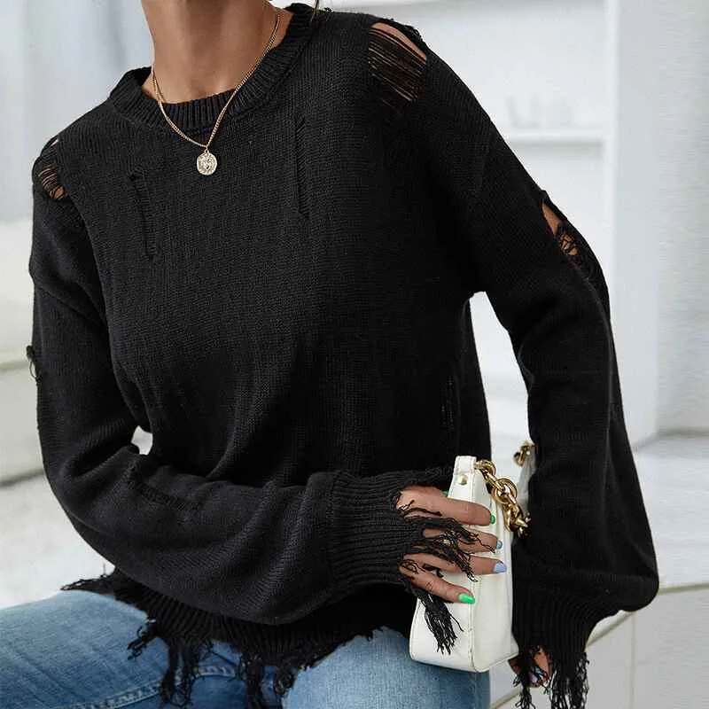 Women's solid color Sweater Ripped Long Sleeve Round Neck Knitwear Pullover Tops K387