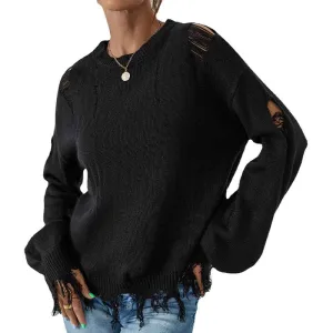 Women's solid color Sweater Ripped Long Sleeve Round Neck Knitwear Pullover Tops K387