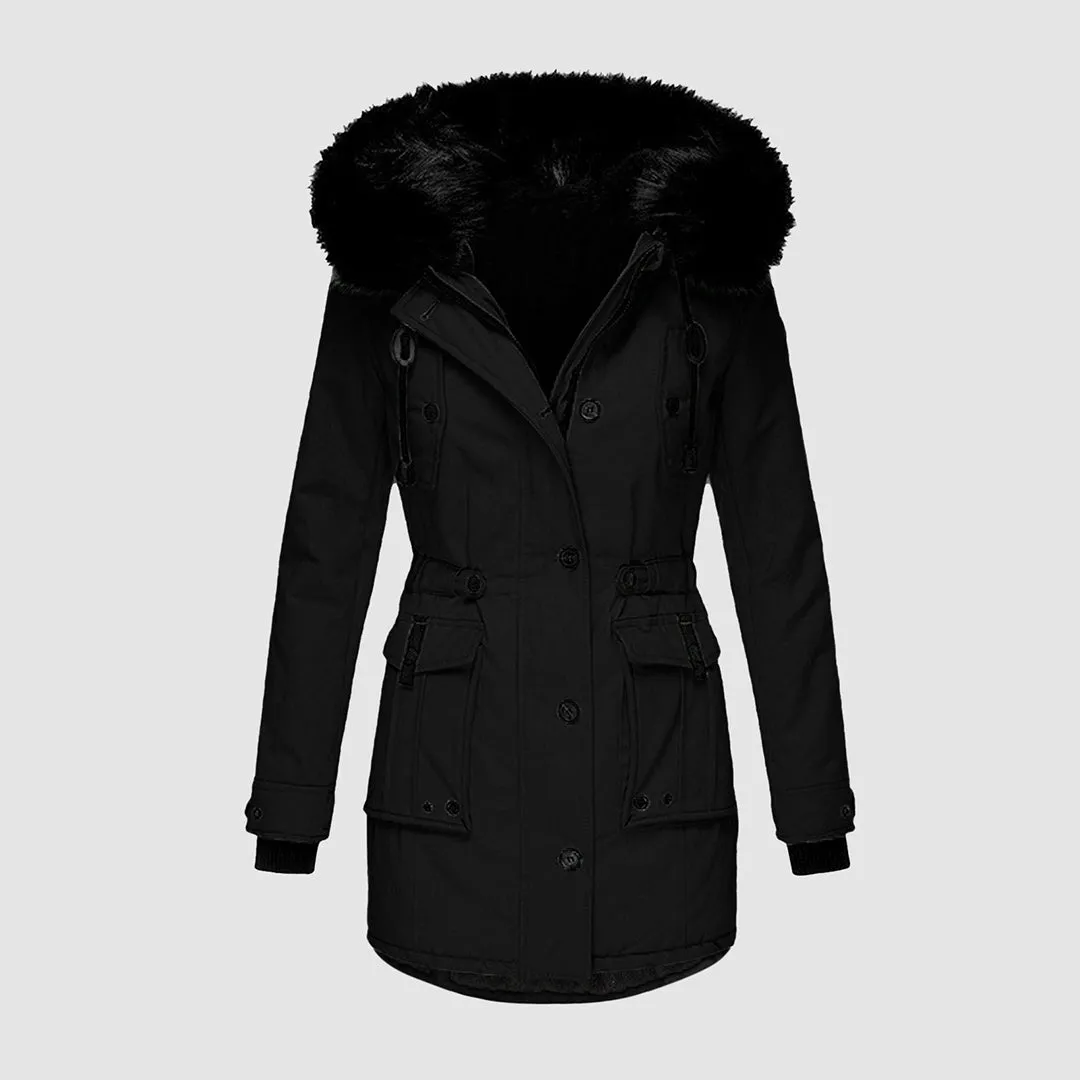 Women's Stylish Black Faux Fur Parka