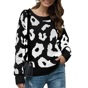 Women's Sweaters Casual Oversized Leopard Printed Crew Neck Long Sleeve Knitted Pullover Tops for Winter K354