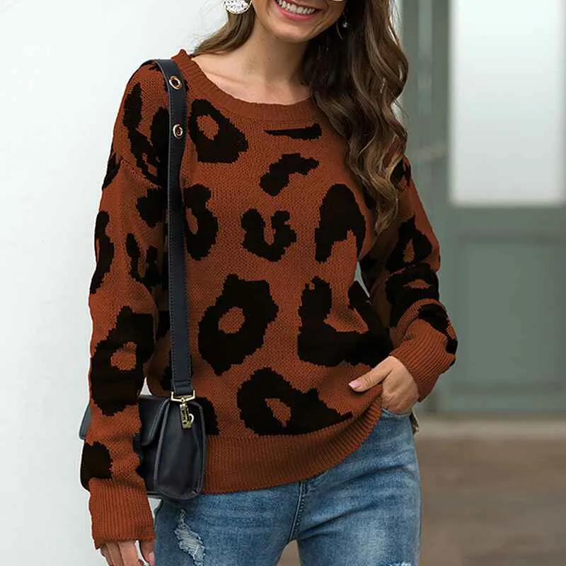 Women's Sweaters Casual Oversized Leopard Printed Crew Neck Long Sleeve Knitted Pullover Tops for Winter K354
