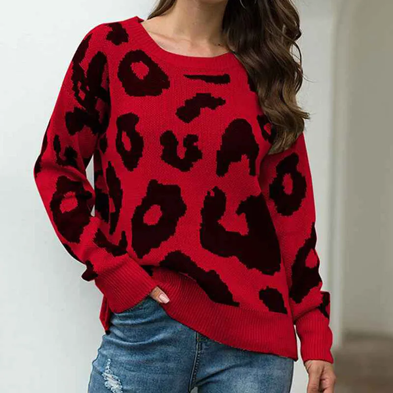 Women's Sweaters Casual Oversized Leopard Printed Crew Neck Long Sleeve Knitted Pullover Tops for Winter K354