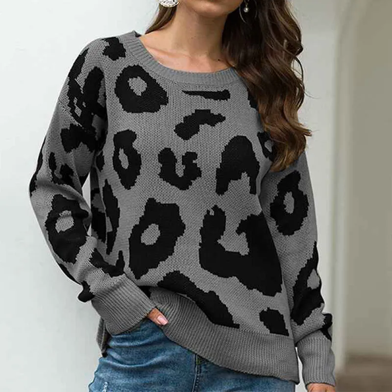 Women's Sweaters Casual Oversized Leopard Printed Crew Neck Long Sleeve Knitted Pullover Tops for Winter K354