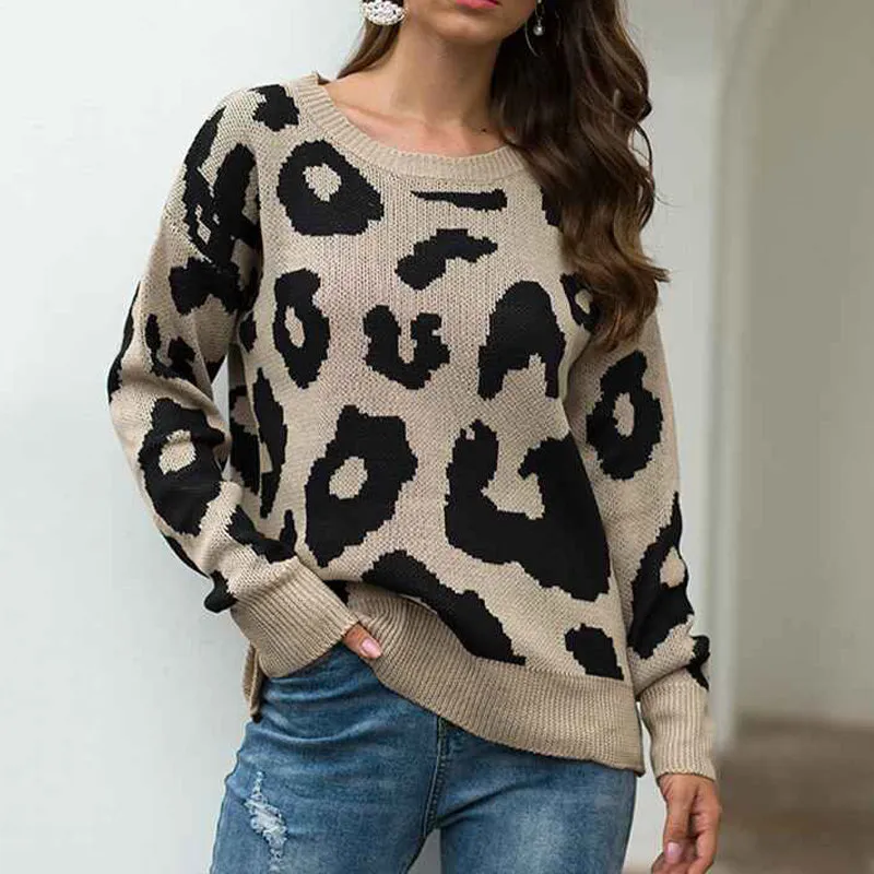 Women's Sweaters Casual Oversized Leopard Printed Crew Neck Long Sleeve Knitted Pullover Tops for Winter K354