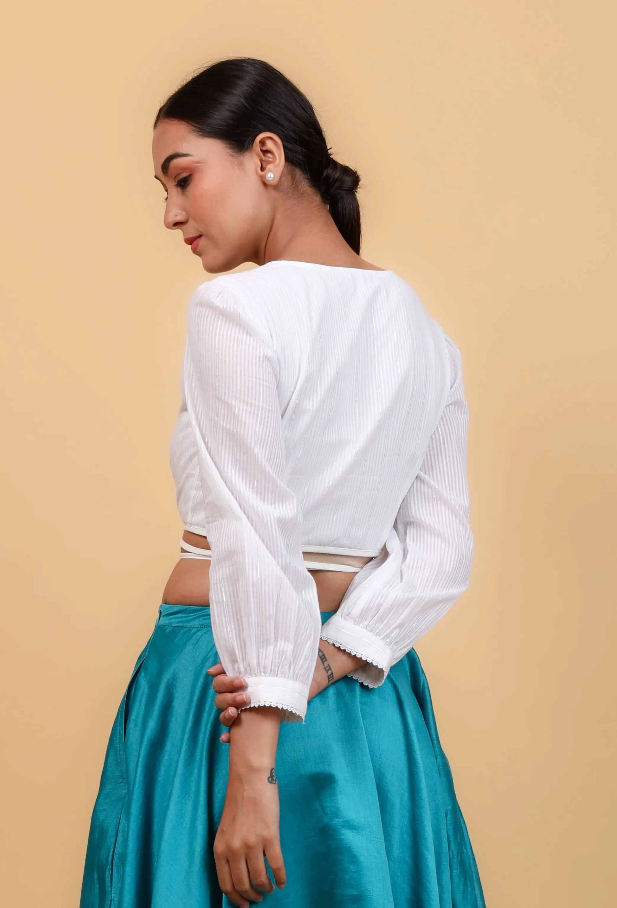 Wrap Around Blouse in White Cotton with Silver Stripes