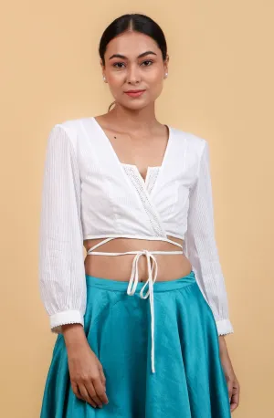 Wrap Around Blouse in White Cotton with Silver Stripes