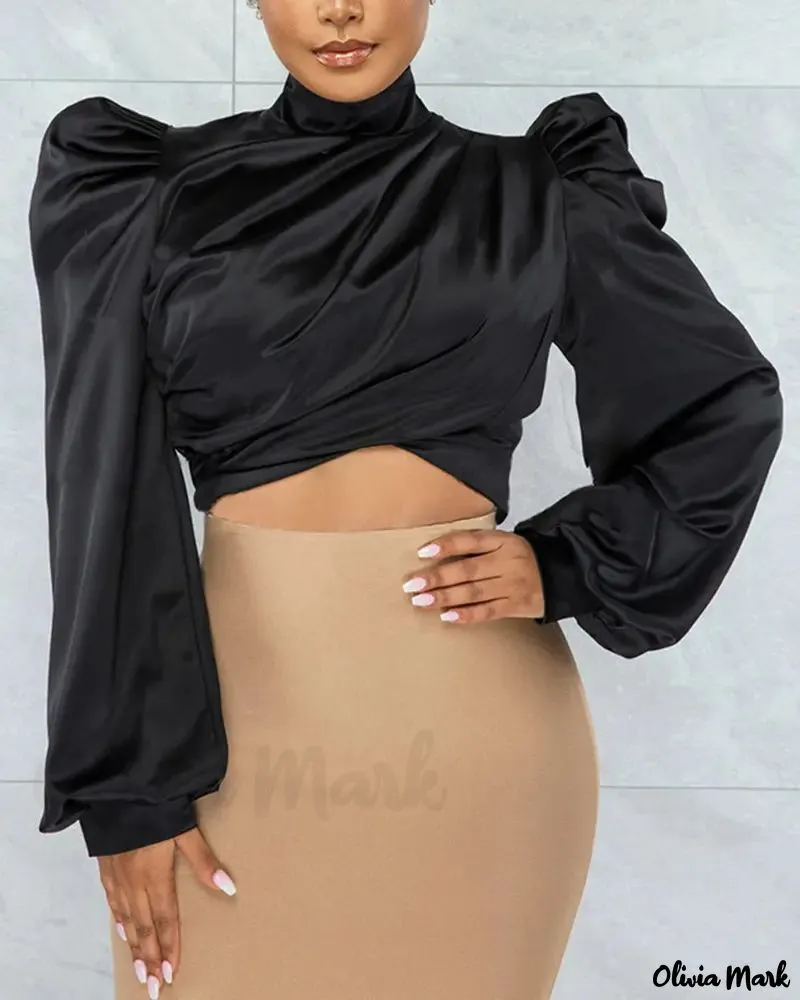 Xieyinshe - Long sleeve crop top with ruched detail and puff sleeves