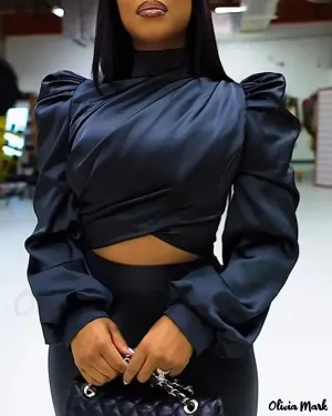 Xieyinshe - Long sleeve crop top with ruched detail and puff sleeves