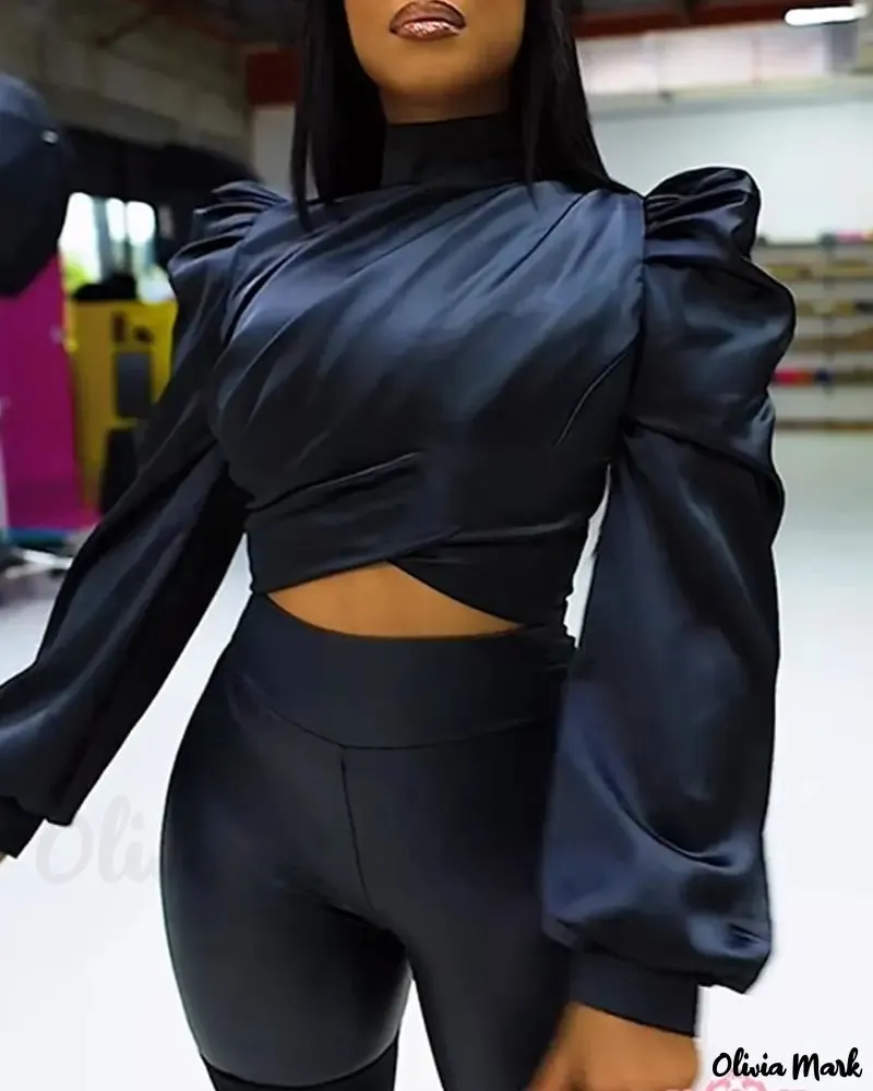 Xieyinshe - Long sleeve crop top with ruched detail and puff sleeves