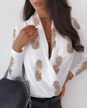 Xieyinshe - Pineapple Print Long Sleeve Top