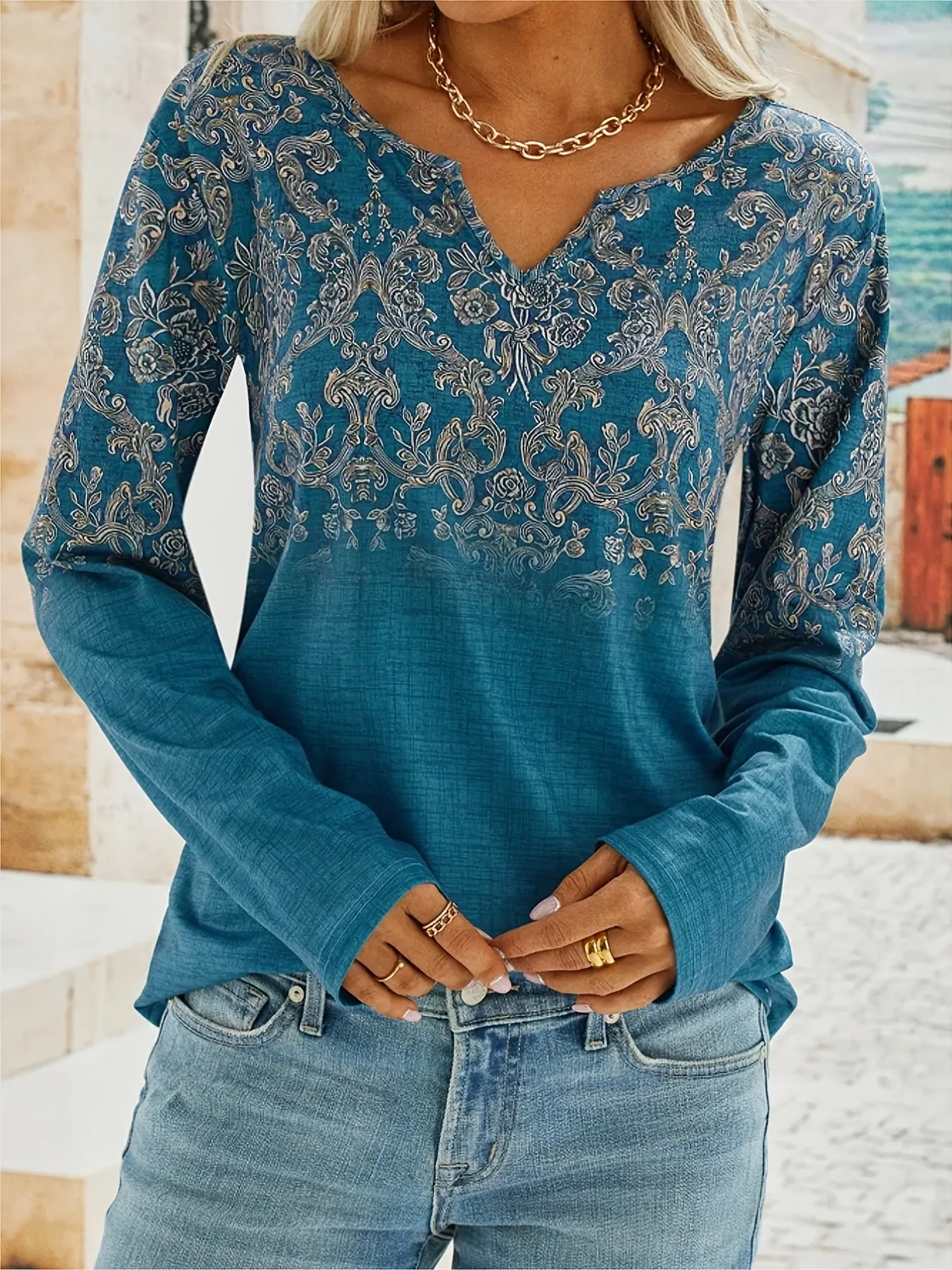 xieyinshe  Women's Floral Print Long Sleeve V-Neck Tops, Casual Fall Winter Blouses, Women's Clothing