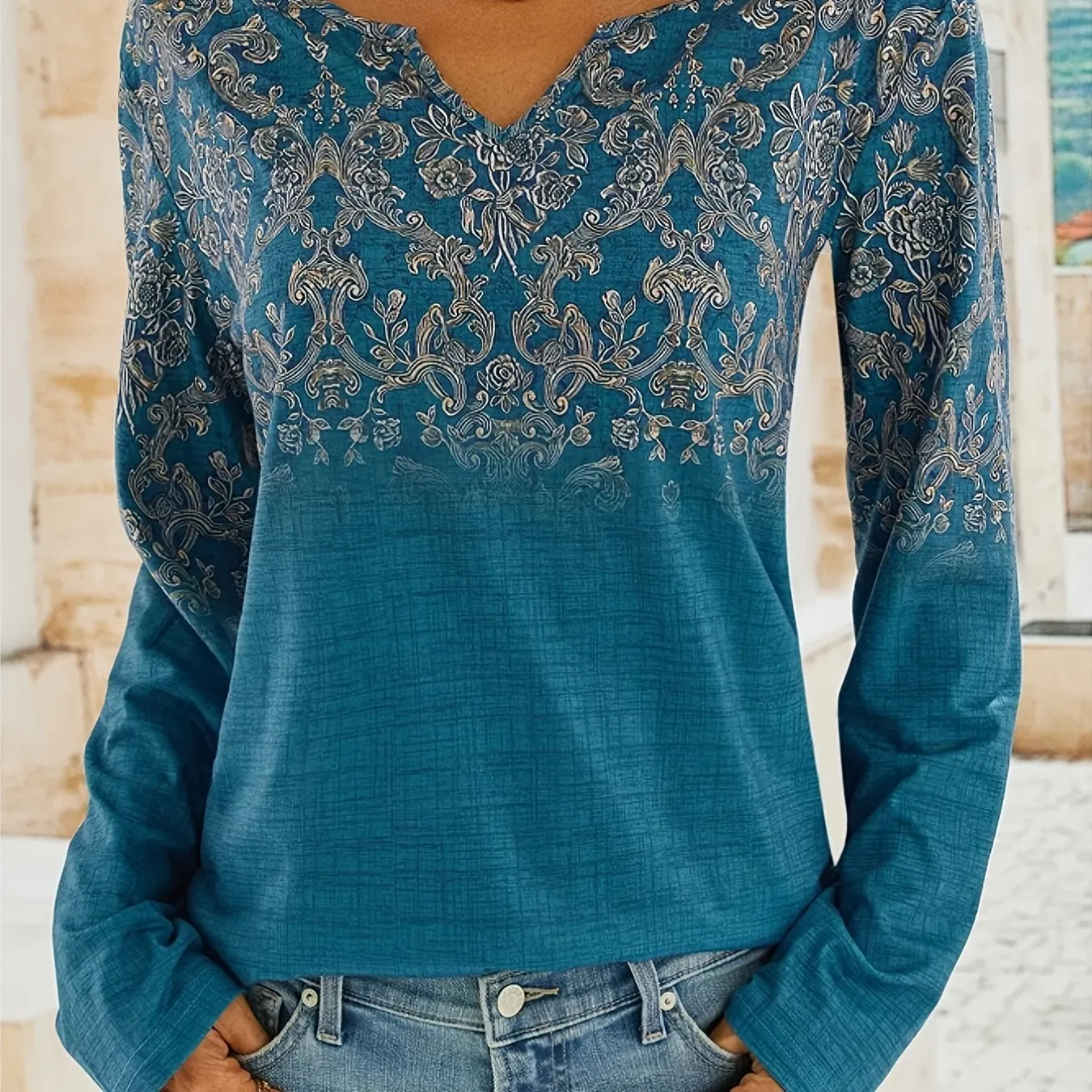 xieyinshe  Women's Floral Print Long Sleeve V-Neck Tops, Casual Fall Winter Blouses, Women's Clothing
