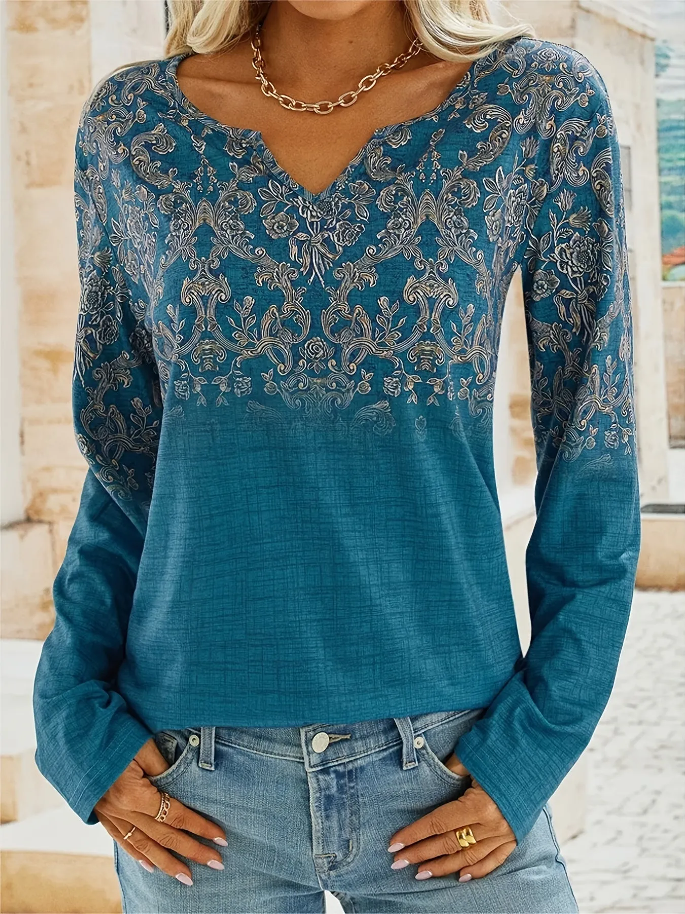 xieyinshe  Women's Floral Print Long Sleeve V-Neck Tops, Casual Fall Winter Blouses, Women's Clothing