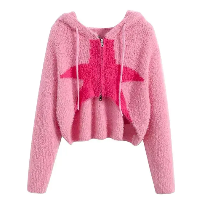 Y2K Star Hoodie Sweater with Full Zip Closure in Pink and Beige