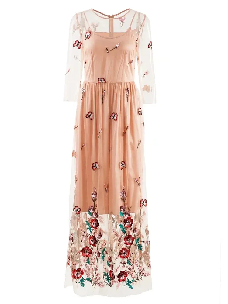 Zaria Floral Embroidery Vintage Party Long Dress
